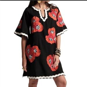 NEW FRANCES VALENTINE
charming mini japanese poppy caftan dress in black poppy